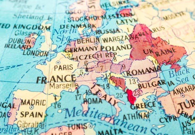 A close up of a map of Europe