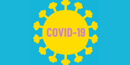 Covid-19 virus in yellow icon on blue background