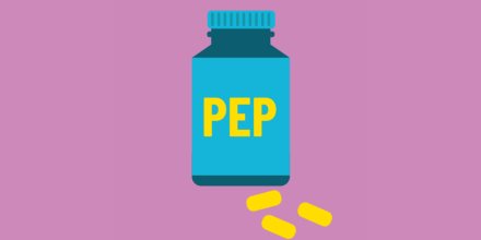 Icon of blue pill bottle with the word 'PEP' written on it and three yellow pills sitting on its bottom right