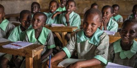 African school children in the school near Masai Mara Game Reserve in Kenya, East Africa. CREDIT: hadynyah/iStock